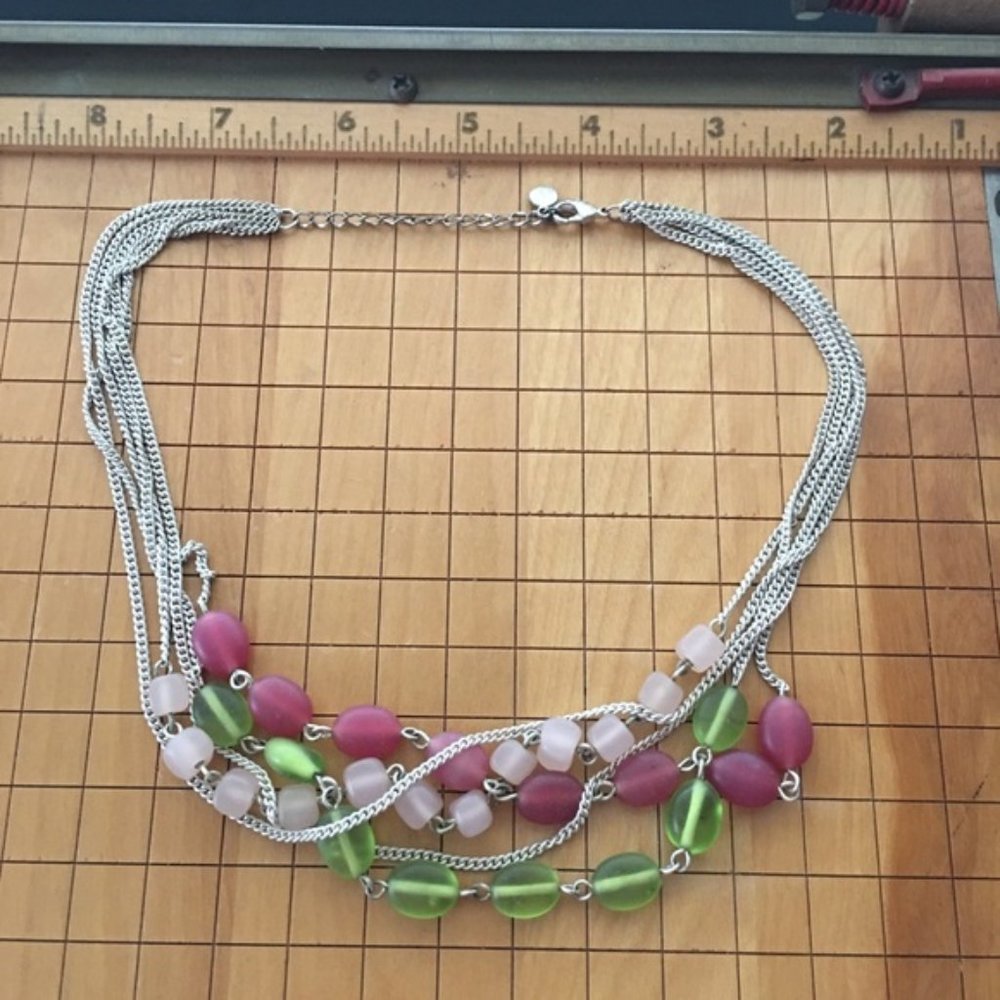 Sea Glass Multi Strand Silver with Glass Beads Necklace Adjustable